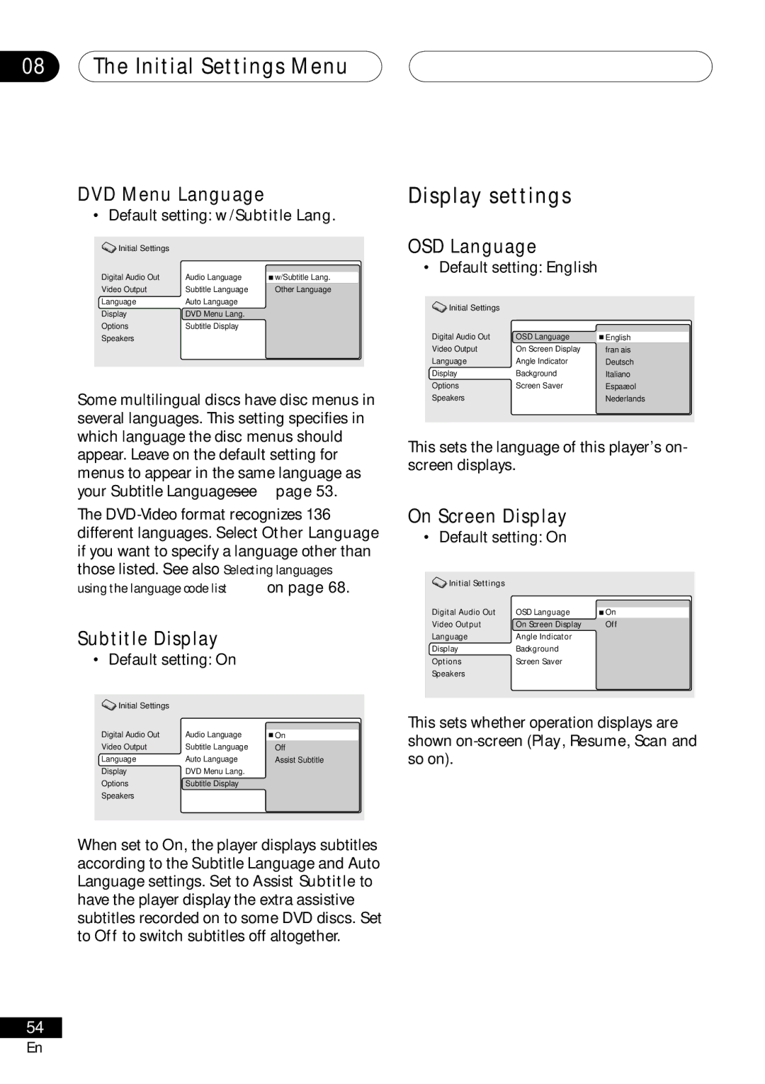 Pioneer VRD1160-A Display settings, DVD Menu Language, Subtitle Display, OSD Language, On Screen Display 