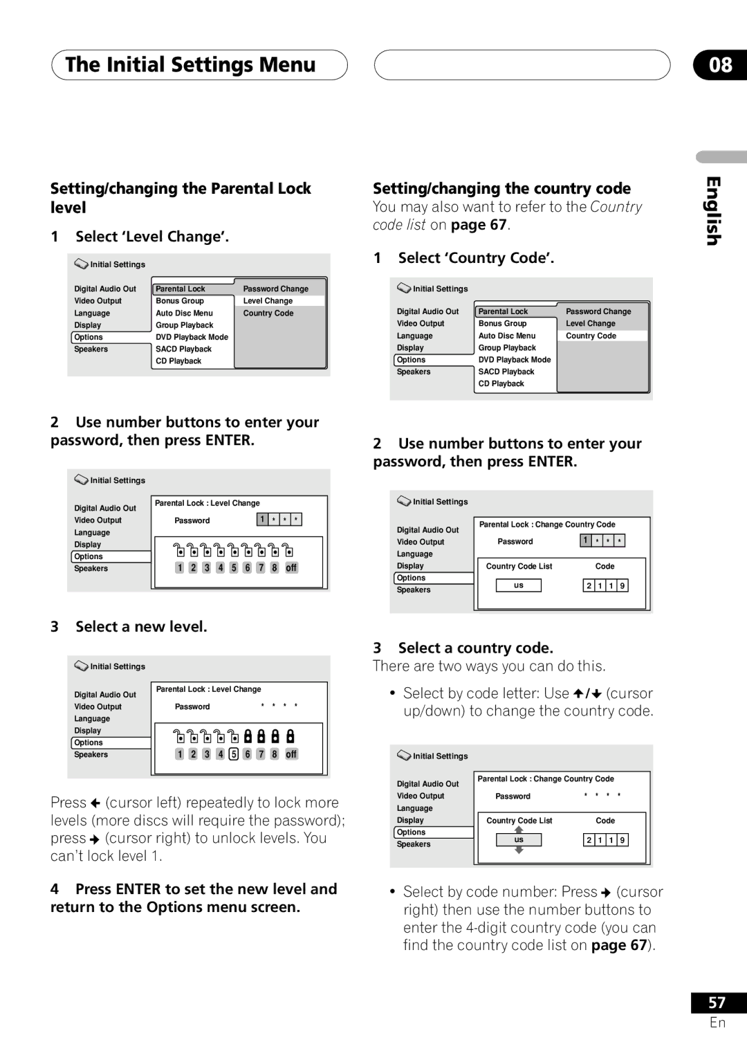 Pioneer VRD1160-A Select ‘Level Change’, Select ‘Country Code’, Select a new level, Select a country code 