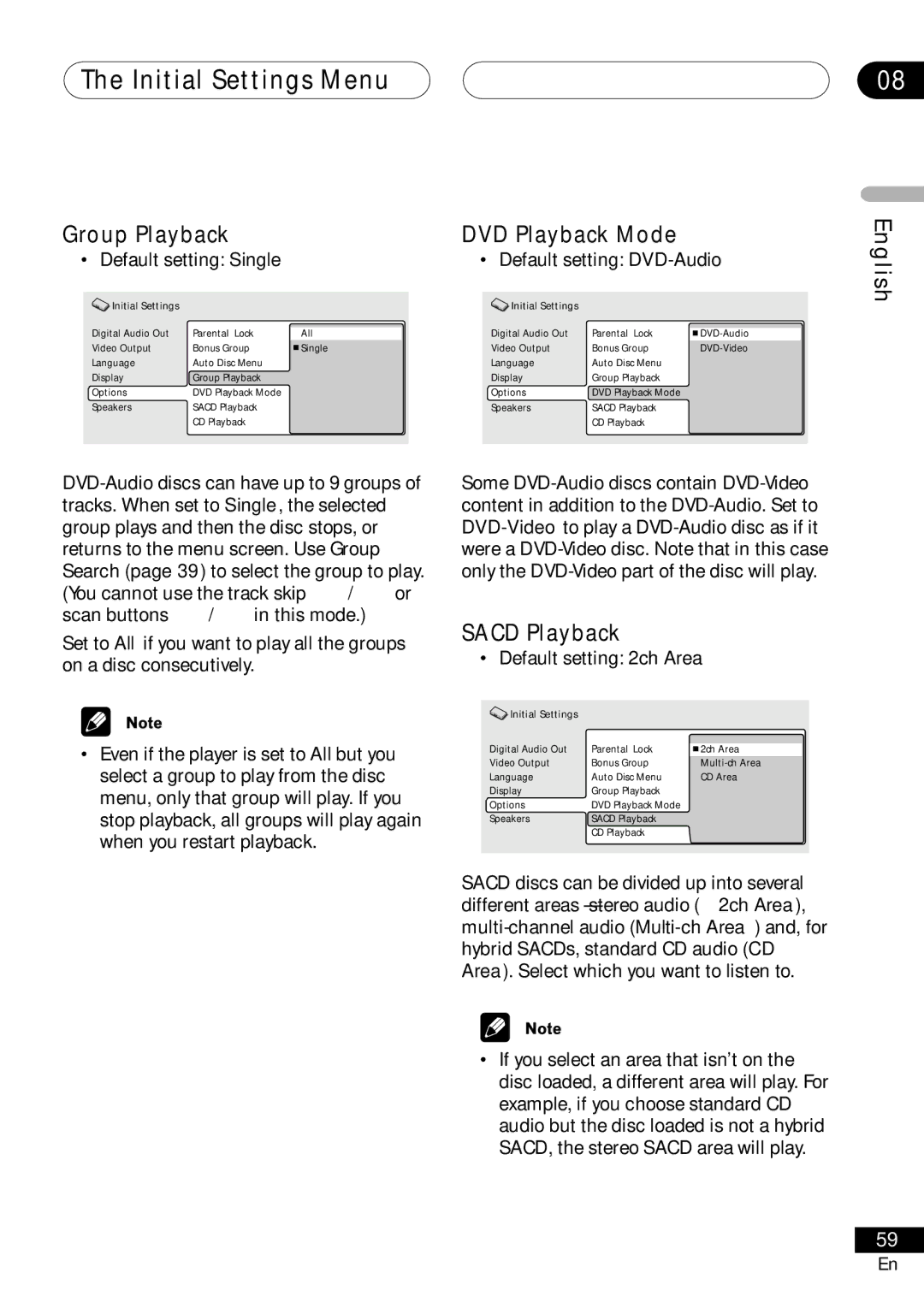 Pioneer VRD1160-A Group Playback DVD Playback Mode, Sacd Playback, Default setting Single Default setting DVD-Audio 