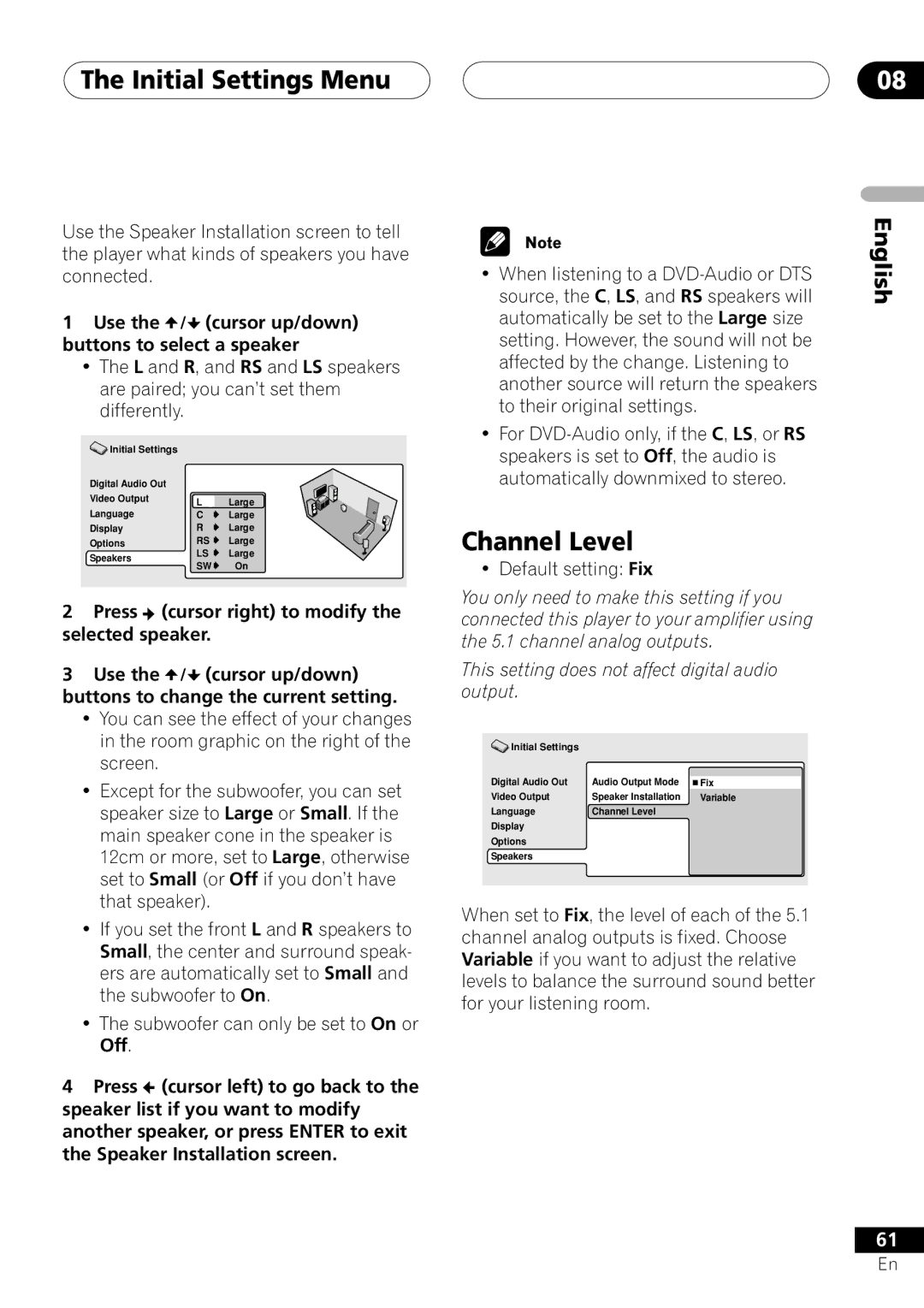 Pioneer VRD1160-A operating instructions Press cursor right to modify the selected speaker, Default setting Fix 