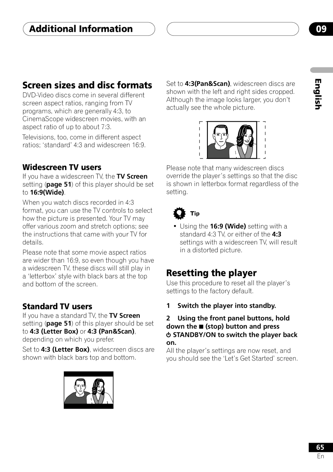 Pioneer VRD1160-A Additional Information Screen sizes and disc formats, Resetting the player, Widescreen TV users 