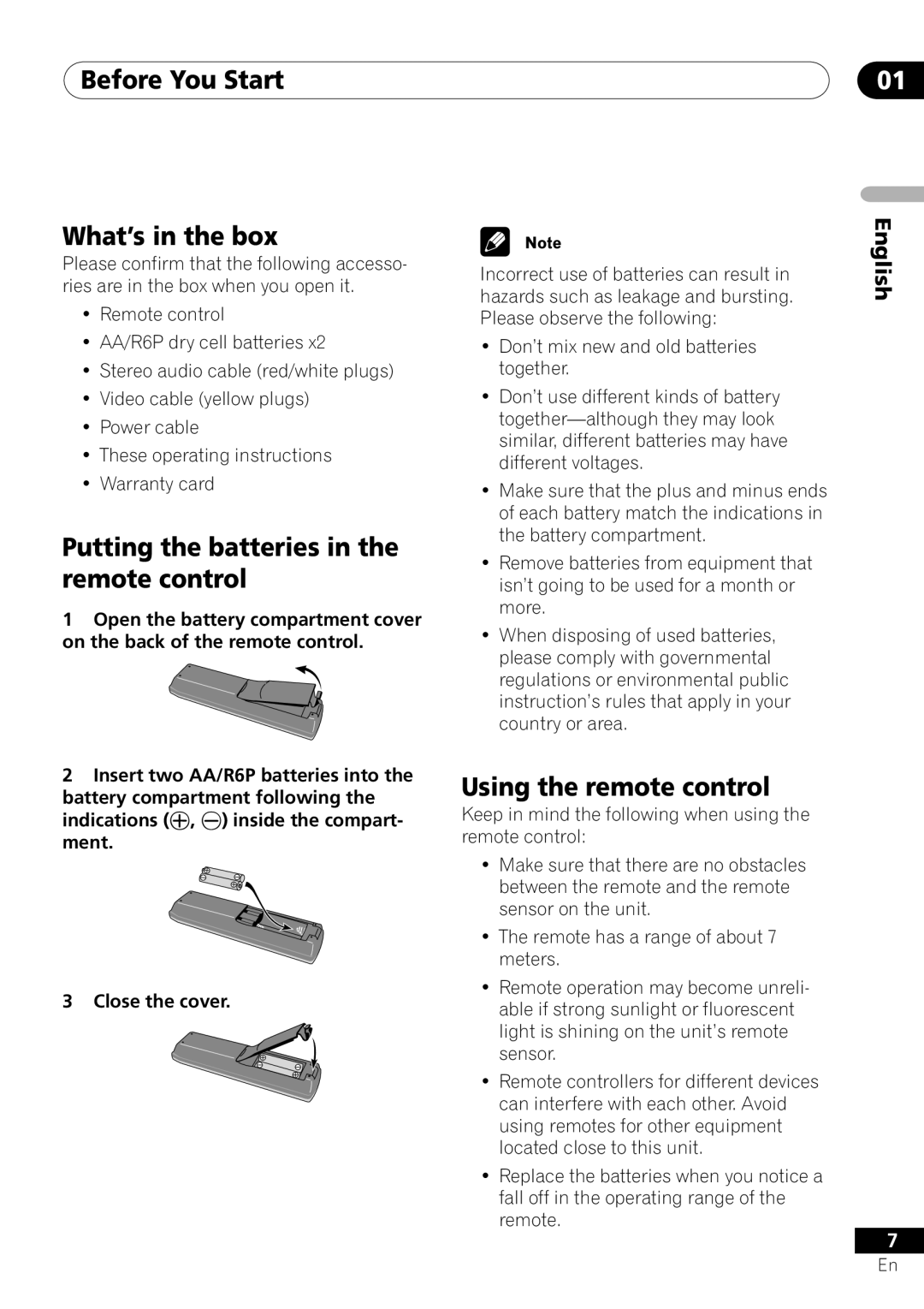 Pioneer VRD1160-A operating instructions Before You Start What’s in the box, Putting the batteries in the remote control 