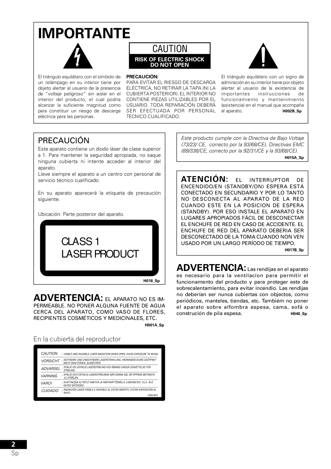 Pioneer VRD1160-A operating instructions Importante, En la cubierta del reproductor 