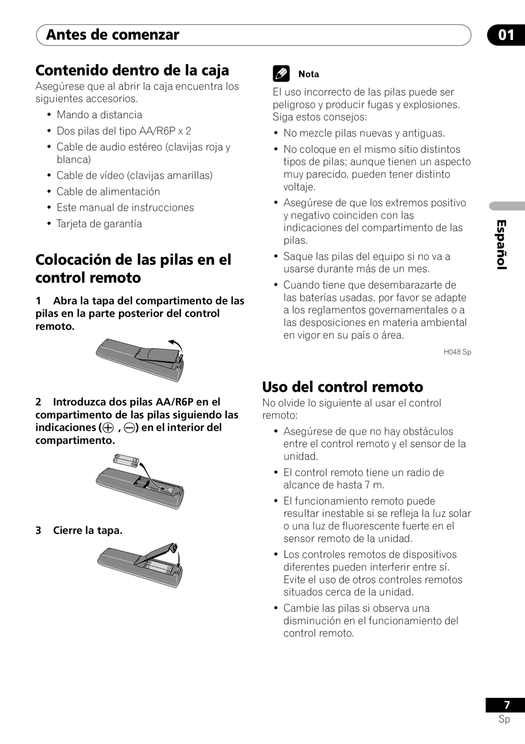 Pioneer VRD1160-A Antes de comenzar Contenido dentro de la caja, Colocación de las pilas en el control remoto 