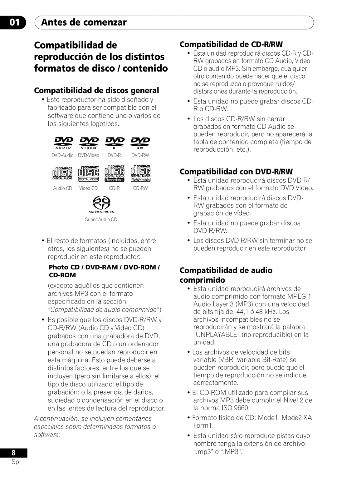 Pioneer VRD1160-A operating instructions Antes de comenzar, Compatibilidad de discos general, Compatibilidad de CD-R/RW 