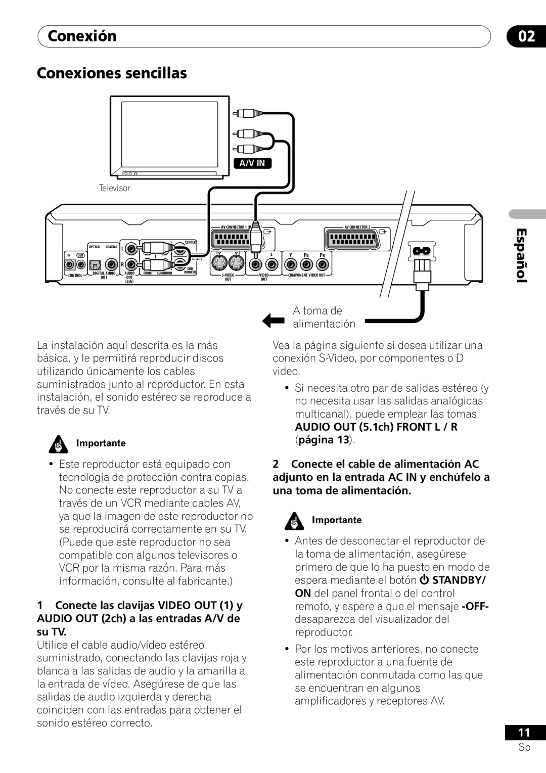 Pioneer VRD1160-A operating instructions Conexión Conexiones sencillas, Español, Toma de alimentación 