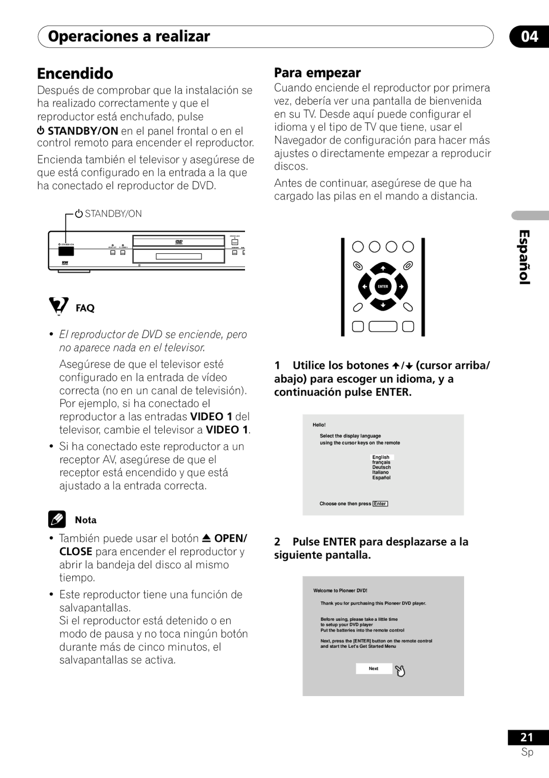 Pioneer VRD1160-A Operaciones a realizar Encendido, Para empezar, Pulse Enter para desplazarse a la siguiente pantalla 