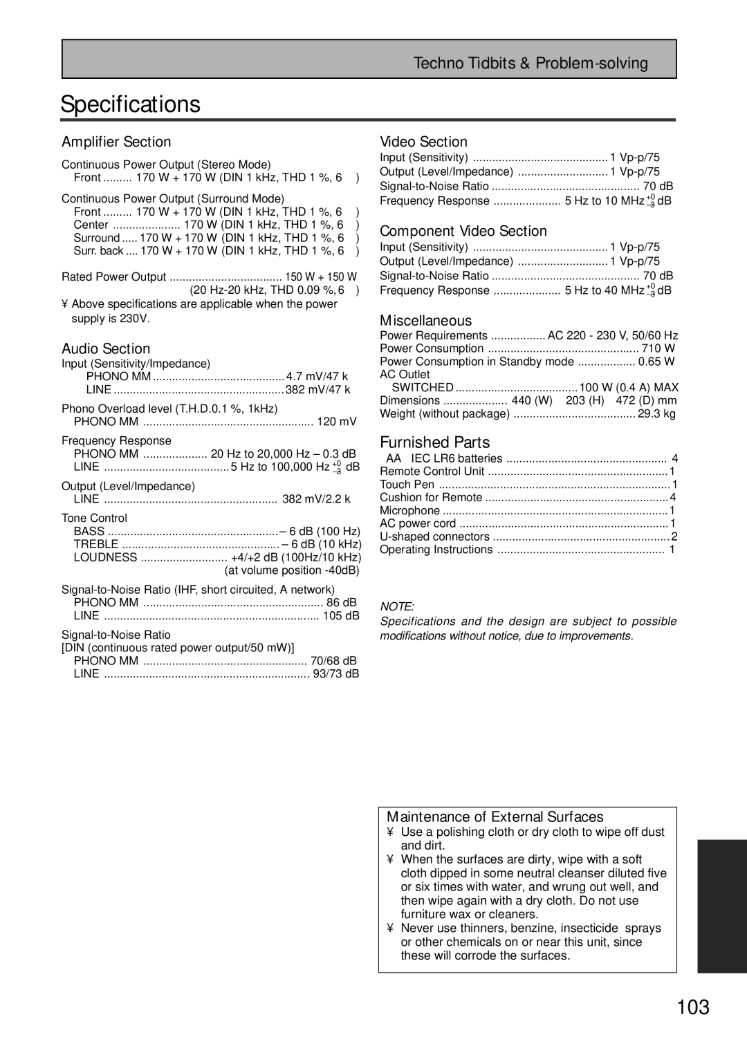 Pioneer VSA-AX10 operating instructions Specifications 