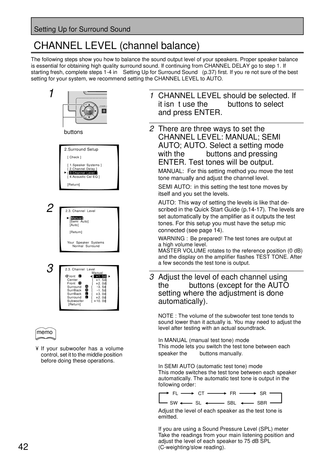 Pioneer VSA-AX10 operating instructions Channel Level channel balance 