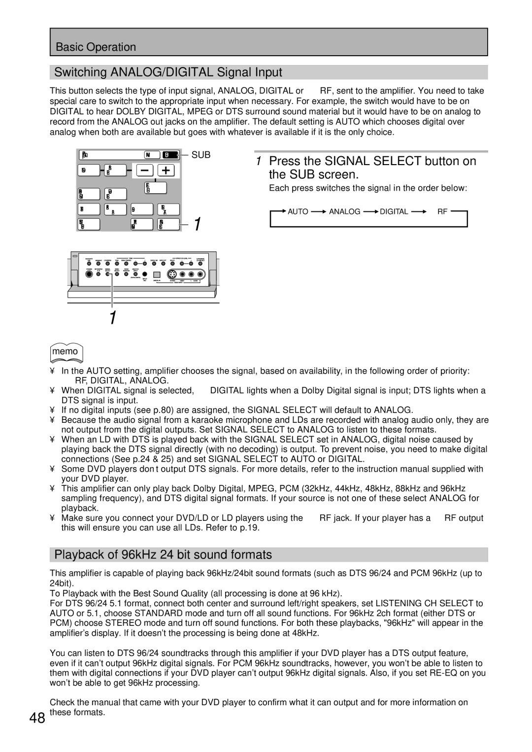 Pioneer VSA-AX10 operating instructions Switching ANALOG/DIGITAL Signal Input, Press the Signal Select button on SUB screen 