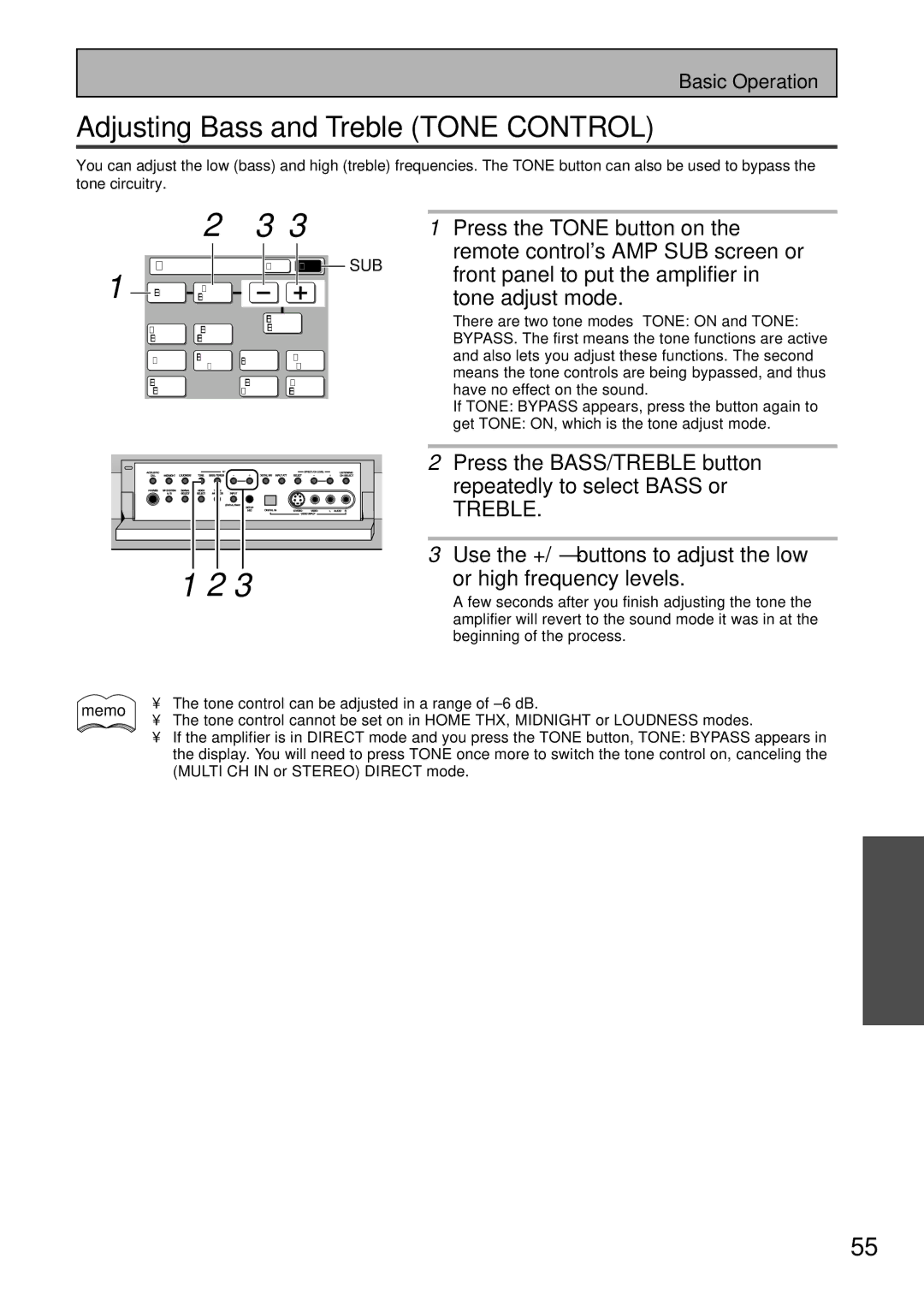 Pioneer VSA-AX10 operating instructions Adjusting Bass and Treble Tone Control 