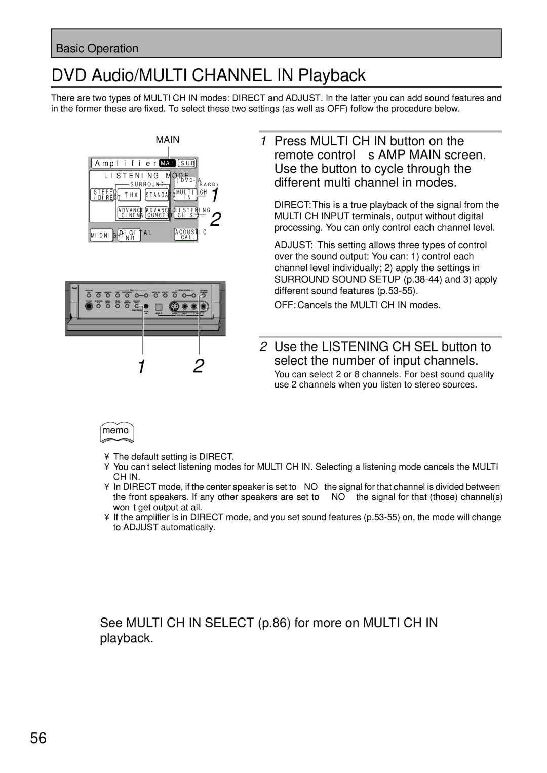 Pioneer VSA-AX10 DVD Audio/MULTI Channel in Playback, Press Multi CH in button on, Remote control’s AMP Main screen 