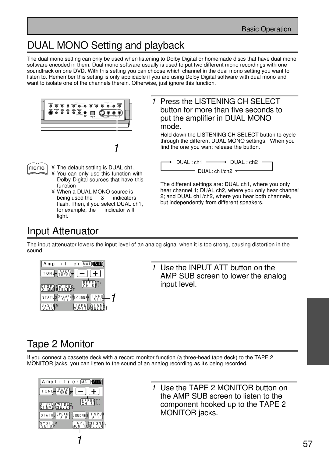 Pioneer VSA-AX10 operating instructions Dual Mono Setting and playback, Input Attenuator, Tape 2 Monitor 