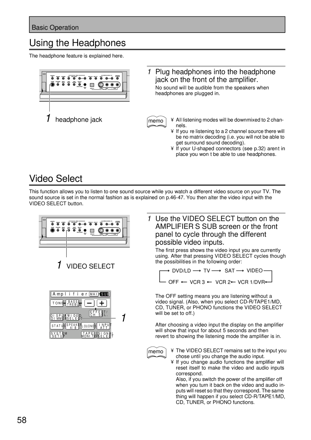 Pioneer VSA-AX10 operating instructions Using the Headphones, Video Select, Plug headphones into the headphone 