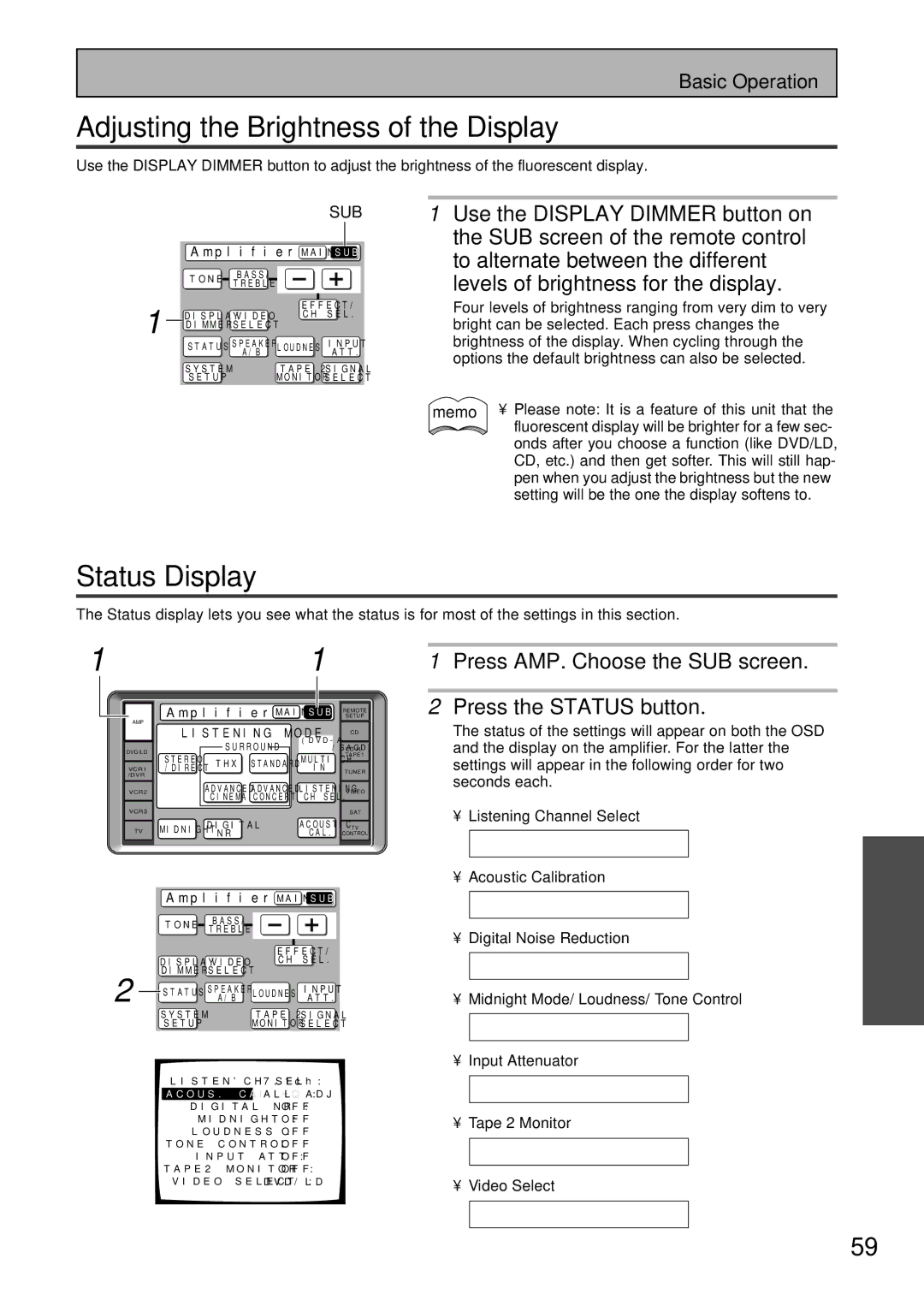 Pioneer VSA-AX10 operating instructions Adjusting the Brightness of the Display, Status Display 