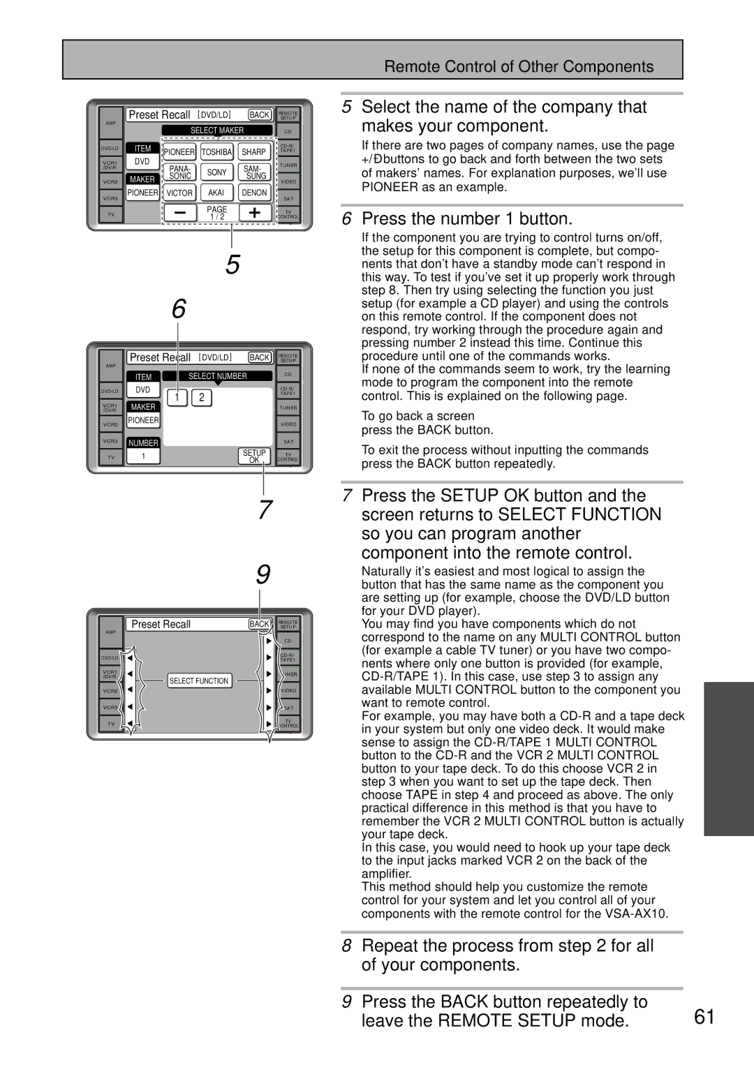 Pioneer VSA-AX10 Select the name of the company that Makes your component, Press the number 1 button, To go back a screen 