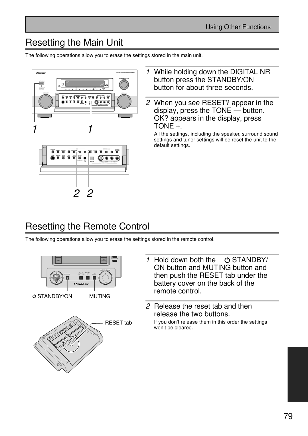 Pioneer VSA-AX10 Resetting the Main Unit, Resetting the Remote Control, Tone +, Release the reset tab and then 