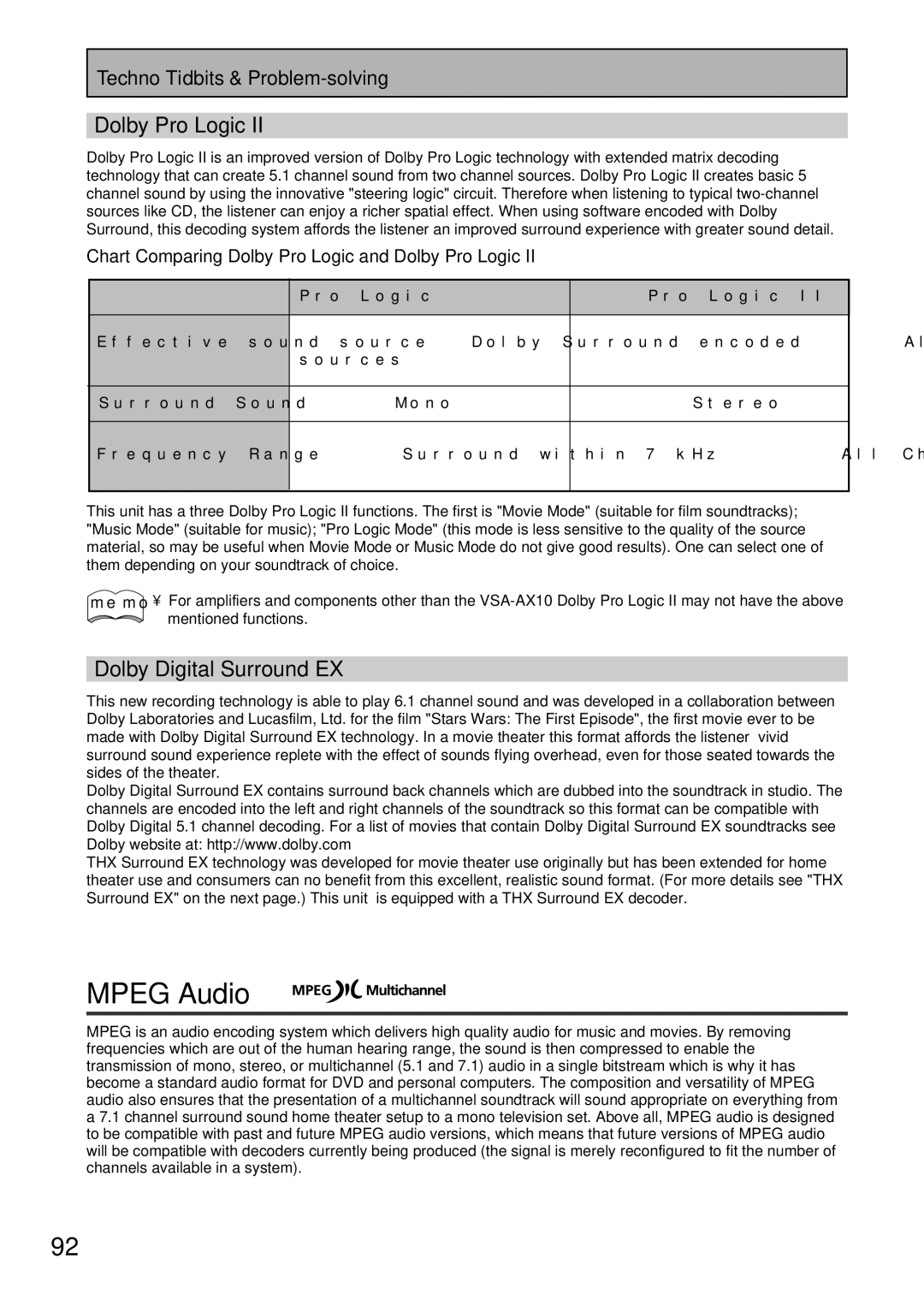 Pioneer VSA-AX10 operating instructions Mpeg Audio, Dolby Pro Logic, Dolby Digital Surround EX 