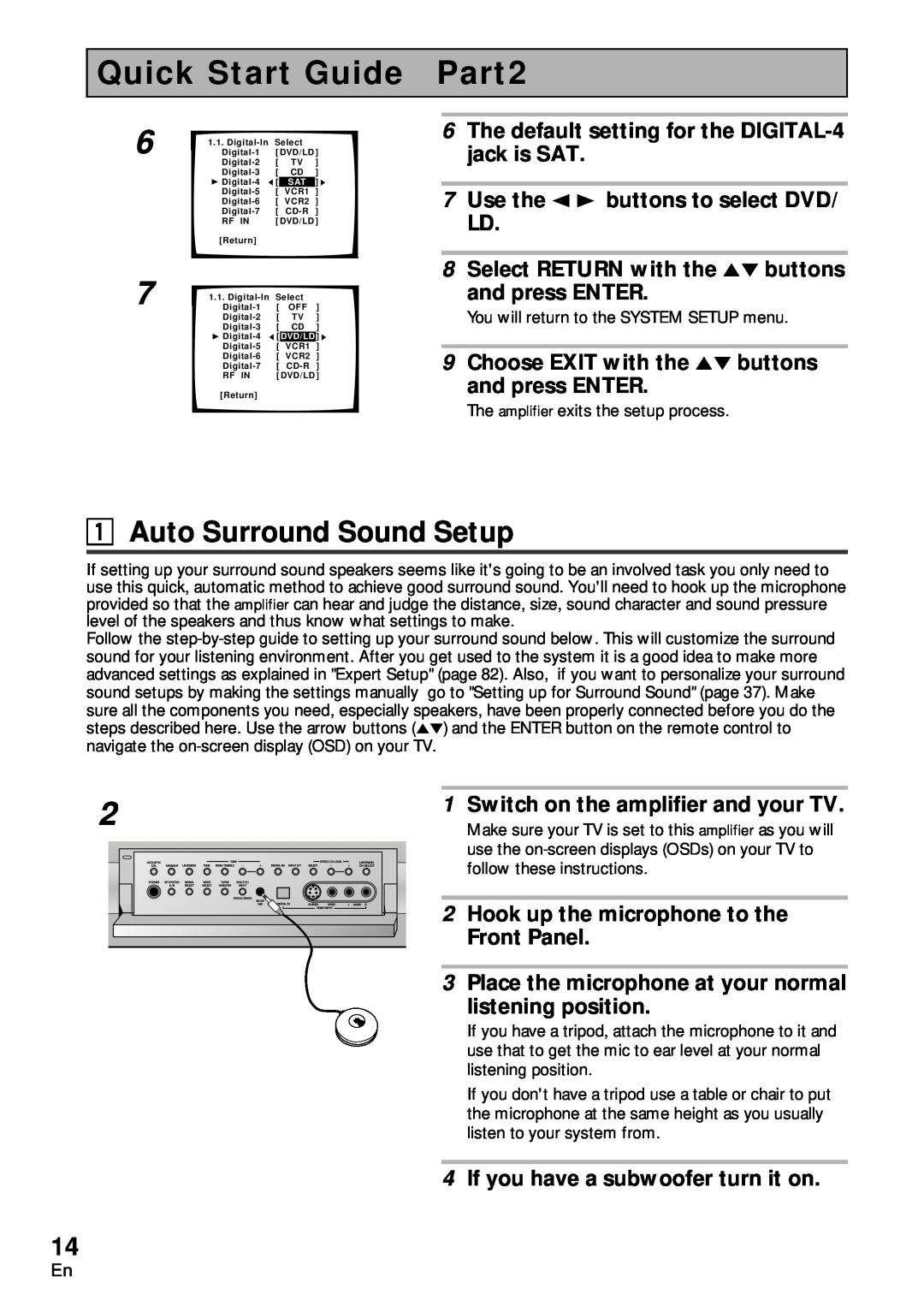 Pioneer VSA-AX10 Quick Start Guide Part2, 1Auto Surround Sound Setup, 6The default setting for the DIGITAL-4jack is SAT 