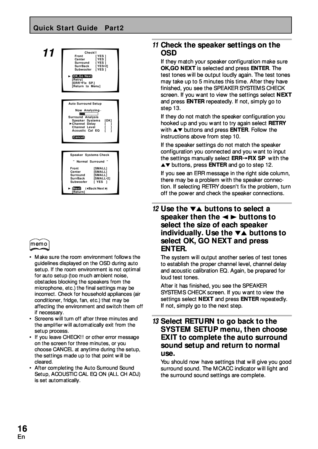 Pioneer VSA-AX10 operating instructions Check the speaker settings on the OSD, Enter 