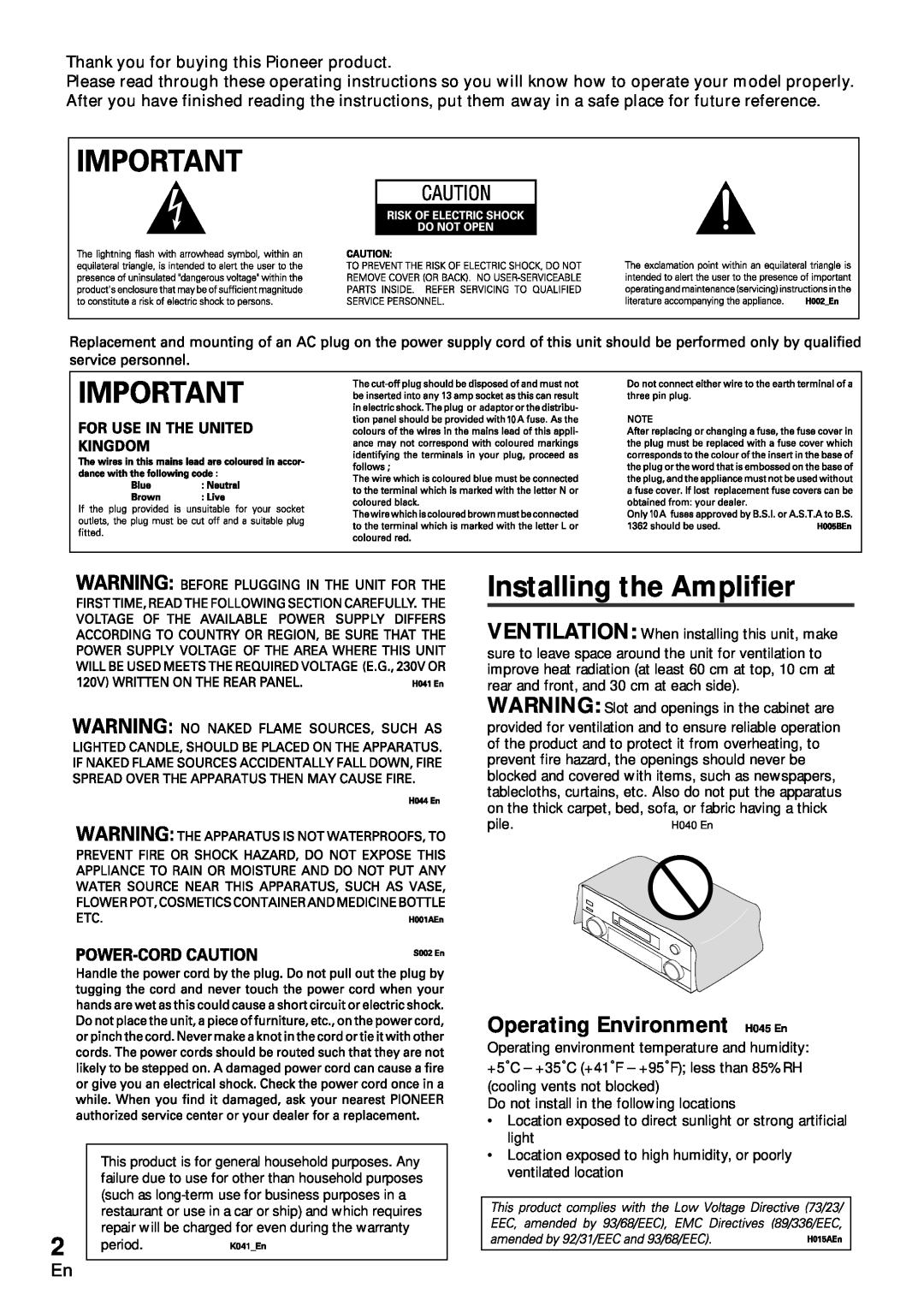 Pioneer VSA-AX10 operating instructions Installing the Amplifier, Operating Environment H045 En 