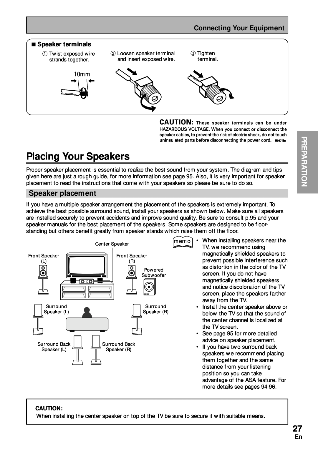 Pioneer VSA-AX10 operating instructions Placing Your Speakers, Speaker placement, Preparation, 10mm 