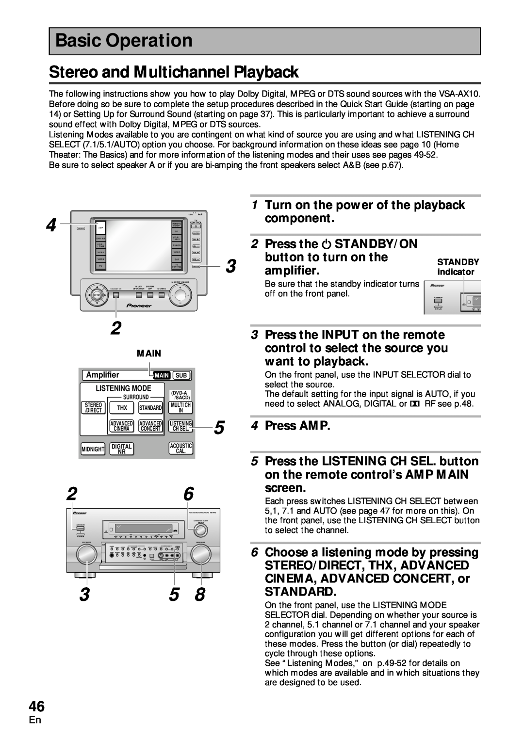 Pioneer VSA-AX10 Basic Operation, Stereo and Multichannel Playback, 1Turn on the power of the playback, component, screen 