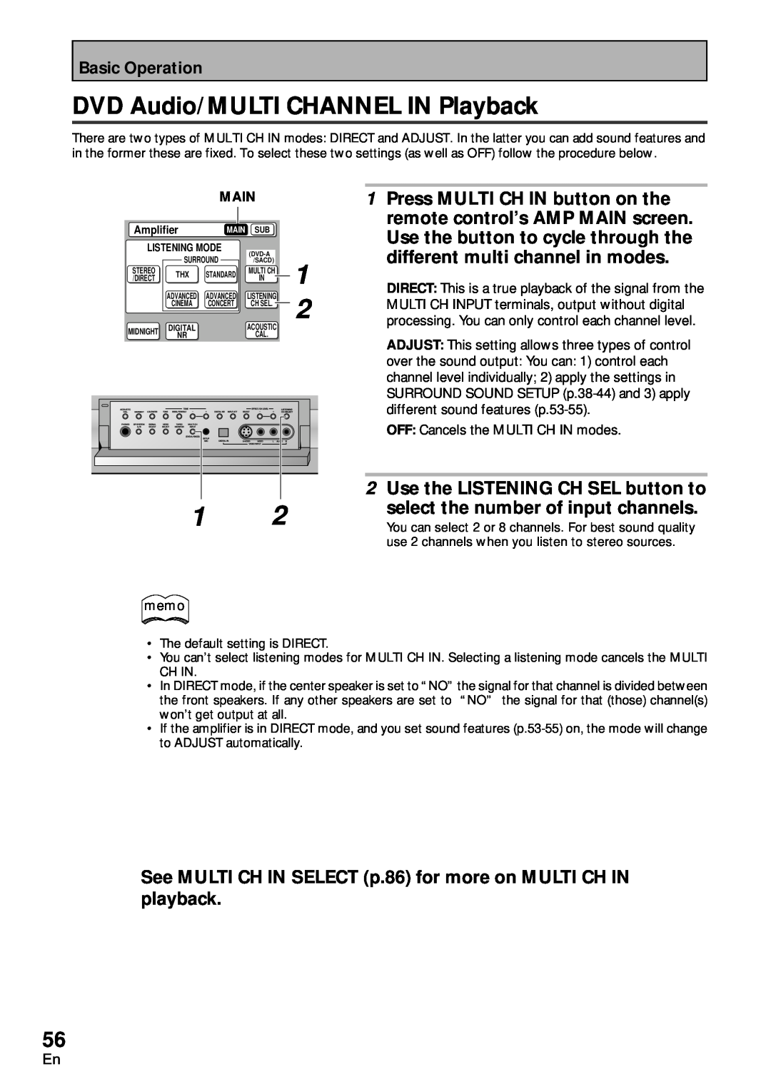 Pioneer VSA-AX10 DVD Audio/MULTI CHANNEL IN Playback, Press MULTI CH IN button on the, remote control’s AMP MAIN screen 