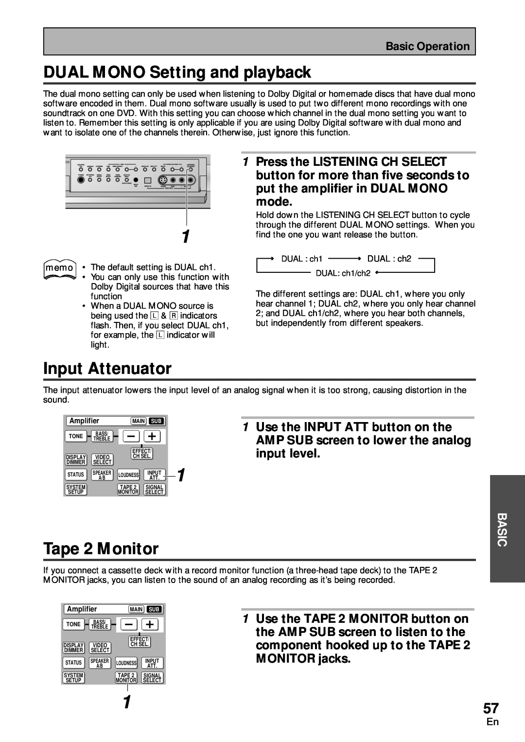Pioneer VSA-AX10 operating instructions DUAL MONO Setting and playback, Input Attenuator, Tape 2 Monitor, mode 