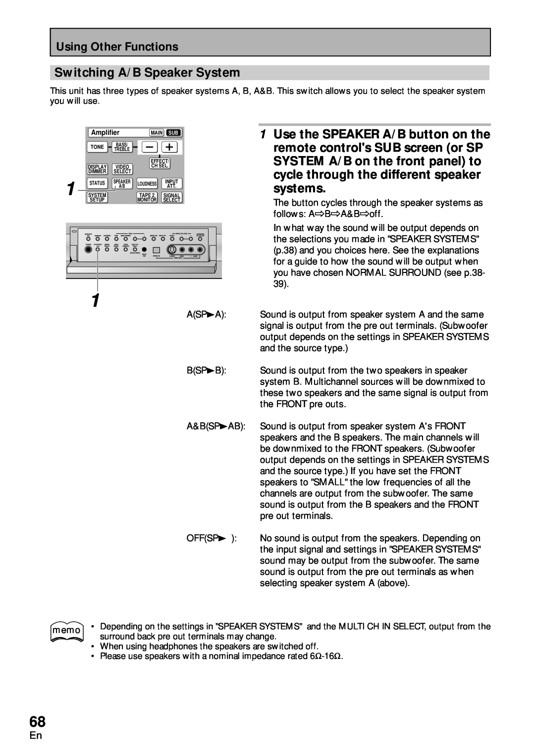 Pioneer VSA-AX10 operating instructions Switching A/B Speaker System, systems 