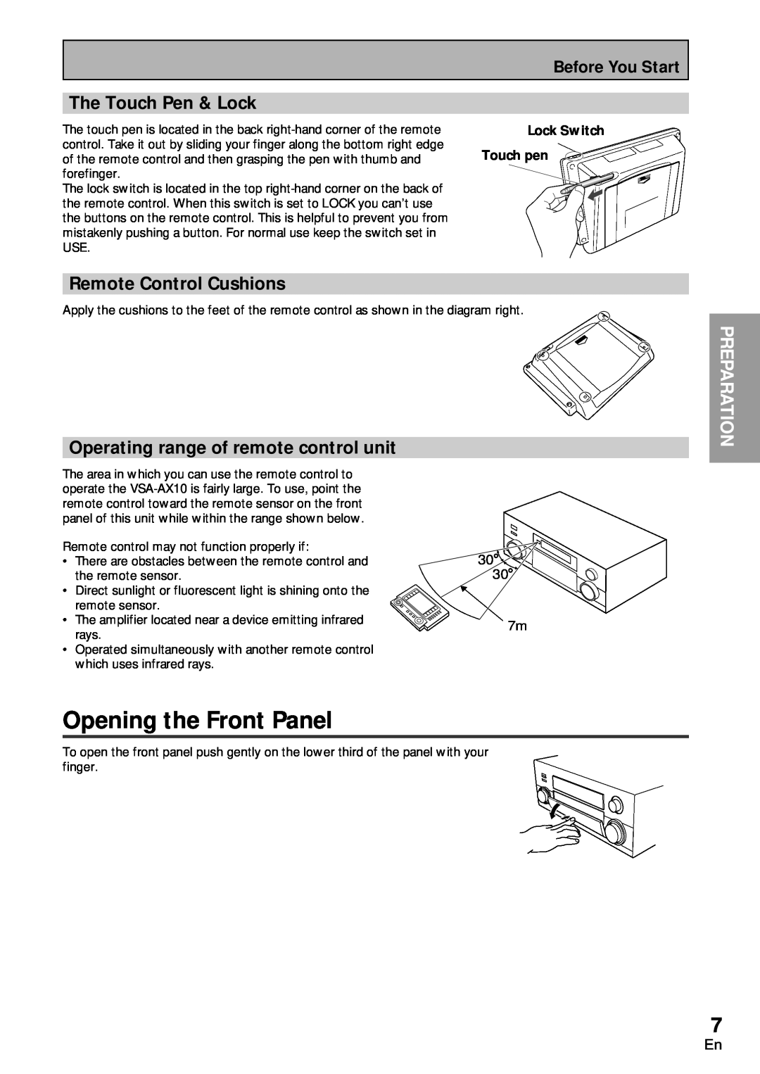 Pioneer VSA-AX10 operating instructions Opening the Front Panel, The Touch Pen & Lock, Remote Control Cushions, Preparation 