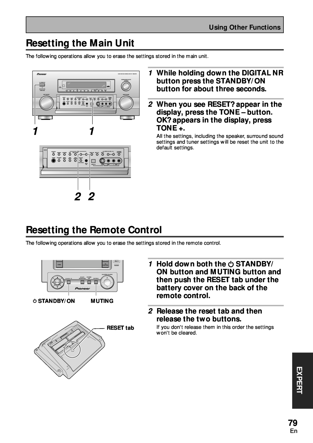 Pioneer VSA-AX10 Resetting the Main Unit, Resetting the Remote Control, Tone +, Release the reset tab and then, Expert 