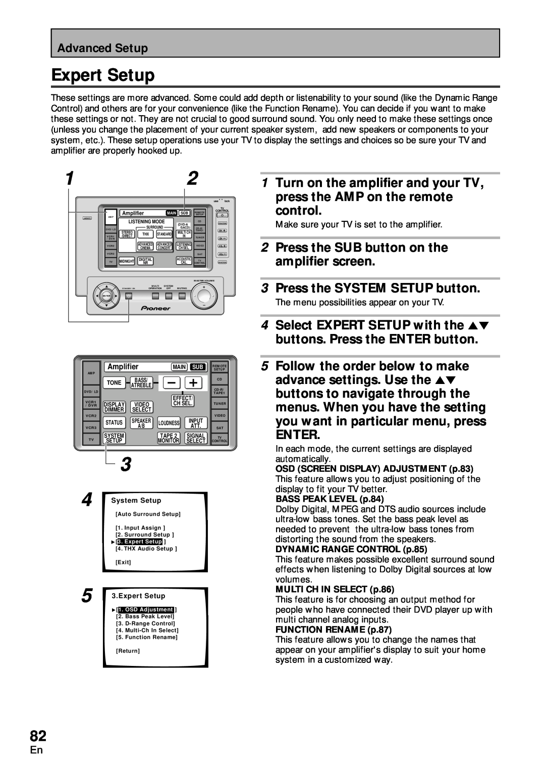 Pioneer VSA-AX10 Expert Setup, control, 2Press the SUB button on the amplifier screen, 3Press the SYSTEM SETUP button 