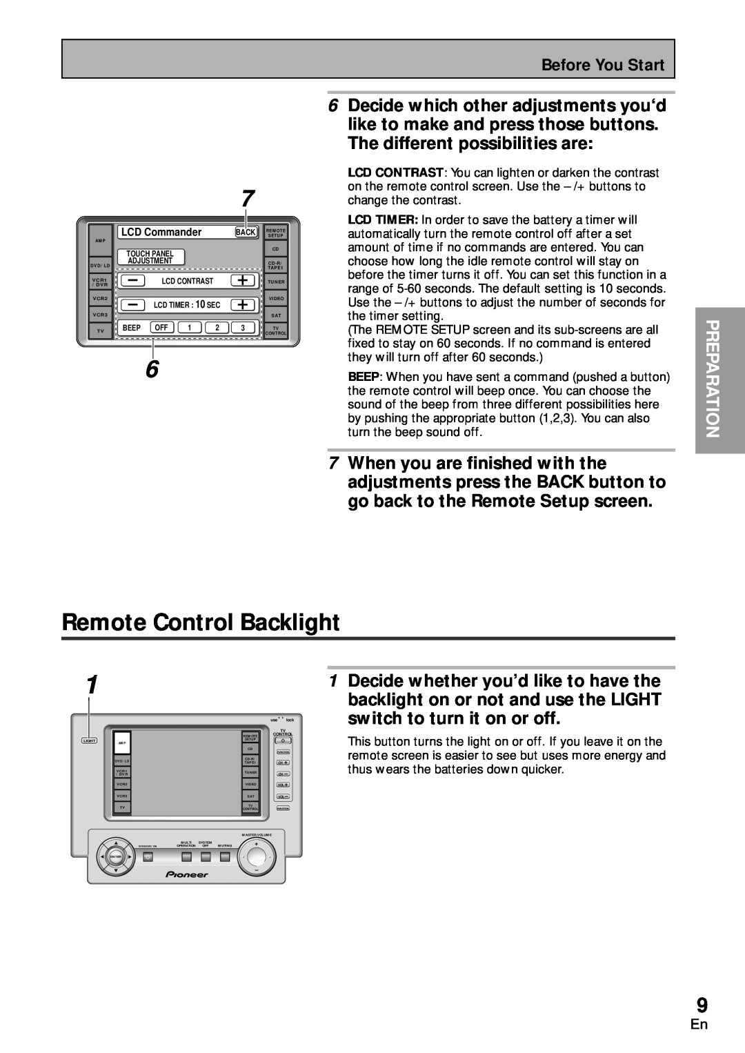 Pioneer VSA-AX10 operating instructions Remote Control Backlight, Preparation 