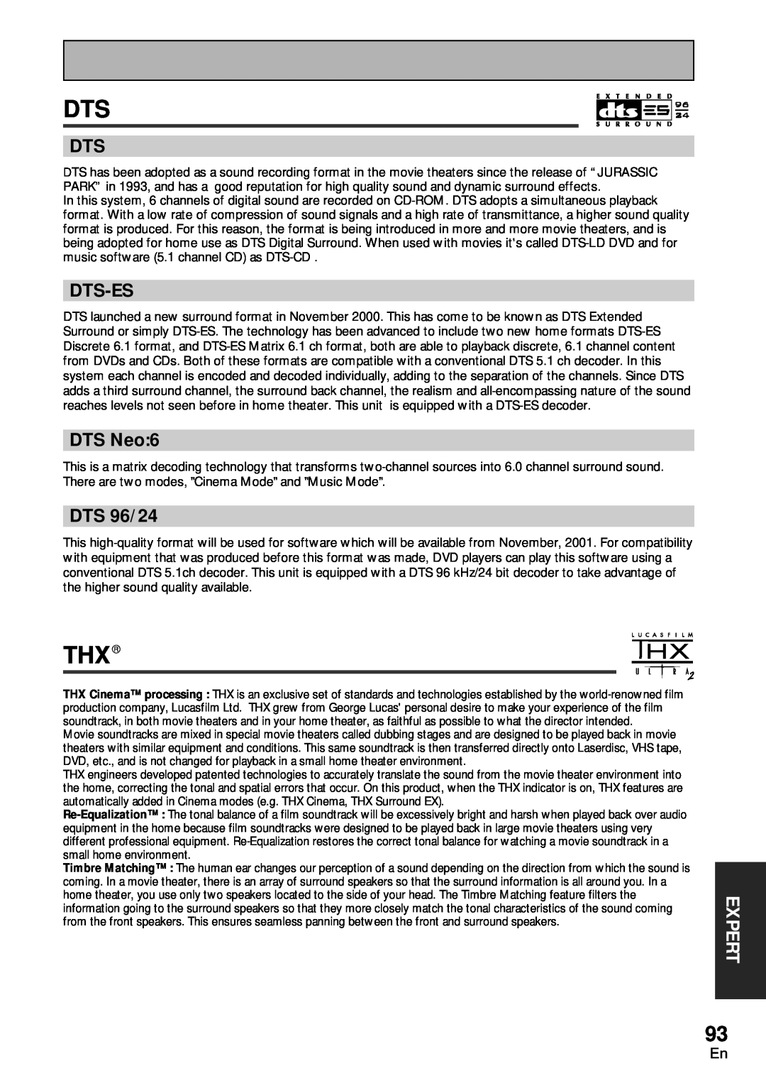 Pioneer VSA-AX10 operating instructions Thx, Dts-Es, DTS Neo:6, DTS 96/24 