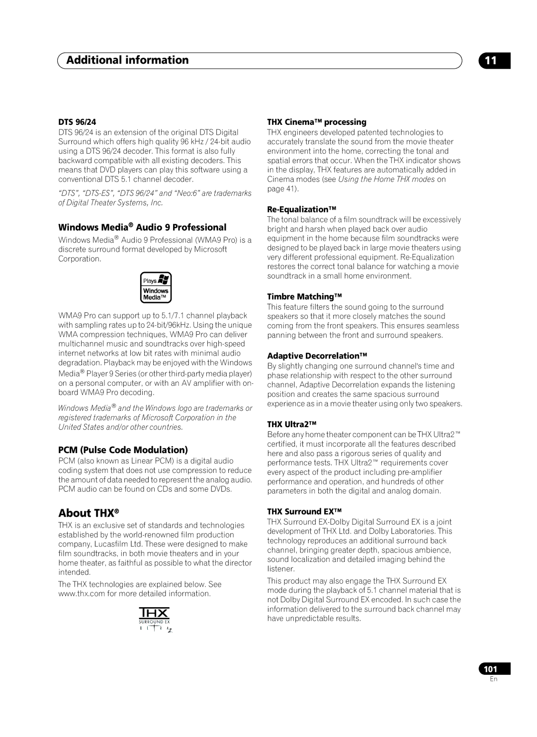 Pioneer VSA-AX10Ai manual About THX, Windows Media Audio 9 Professional, PCM Pulse Code Modulation 