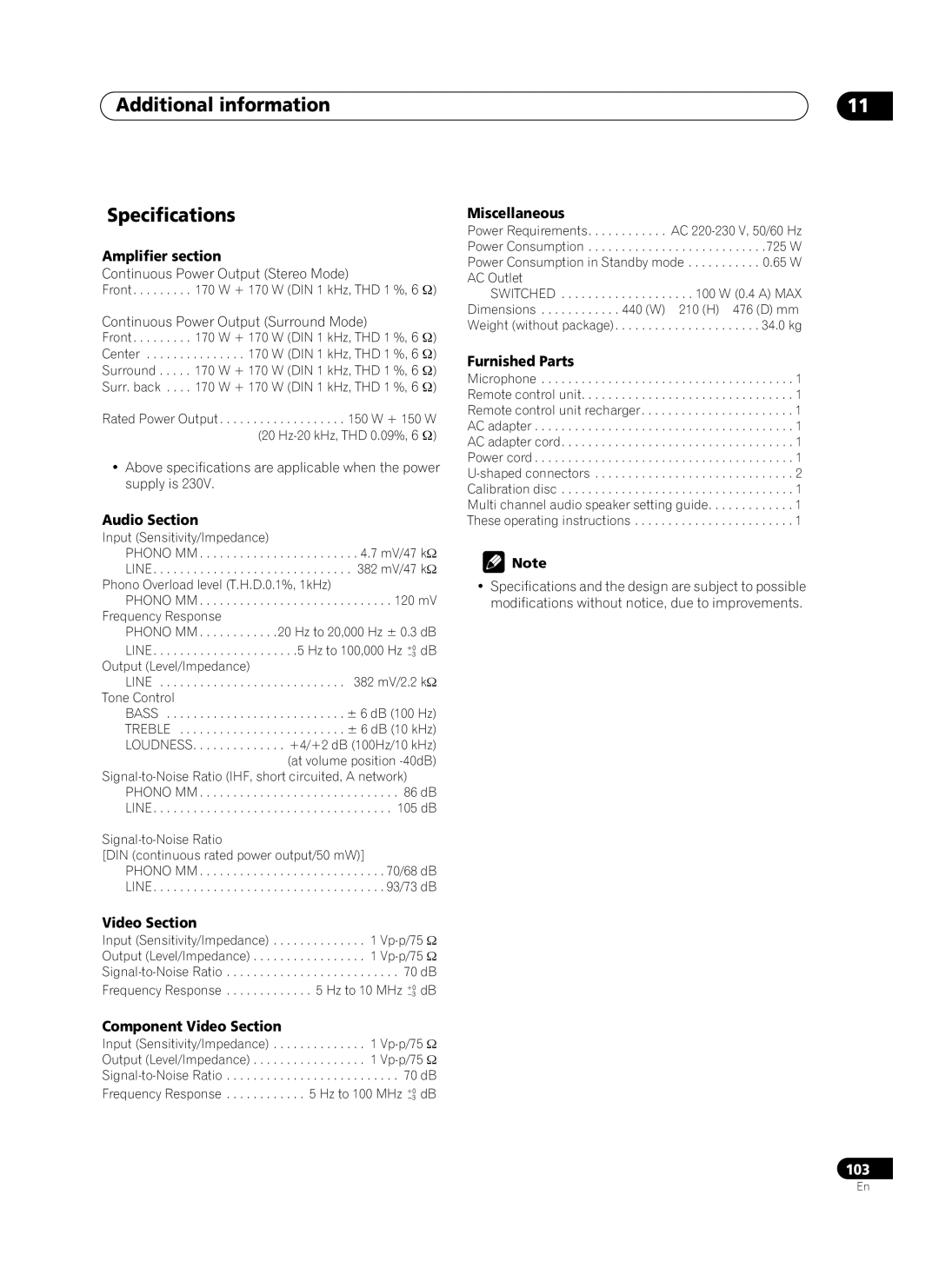 Pioneer VSA-AX10Ai manual Additional information Specifications 