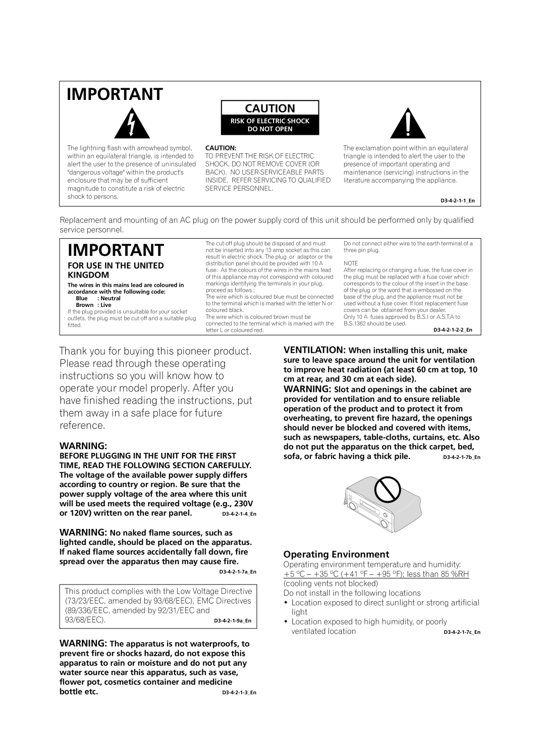 Pioneer VSA-AX10Ai manual Operating Environment, Risk of Electric Shock Do not Open 