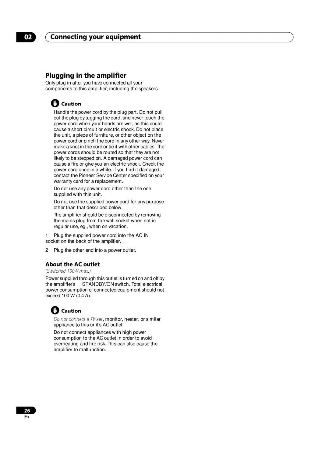 Pioneer VSA-AX10Ai manual Connecting your equipment Plugging in the amplifier, About the AC outlet 