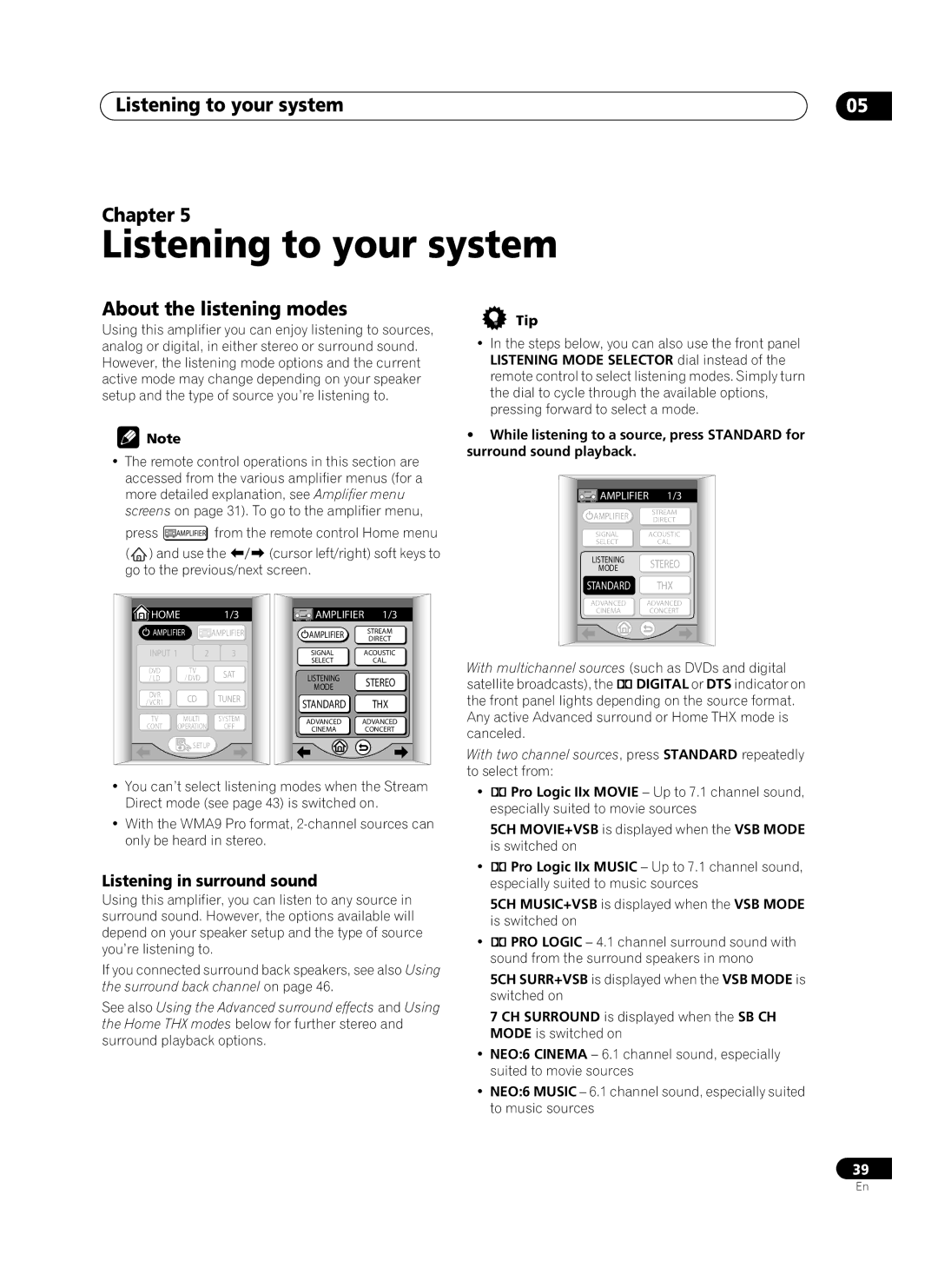 Pioneer VSA-AX10Ai manual Listening to your system Chapter, About the listening modes, Listening in surround sound 