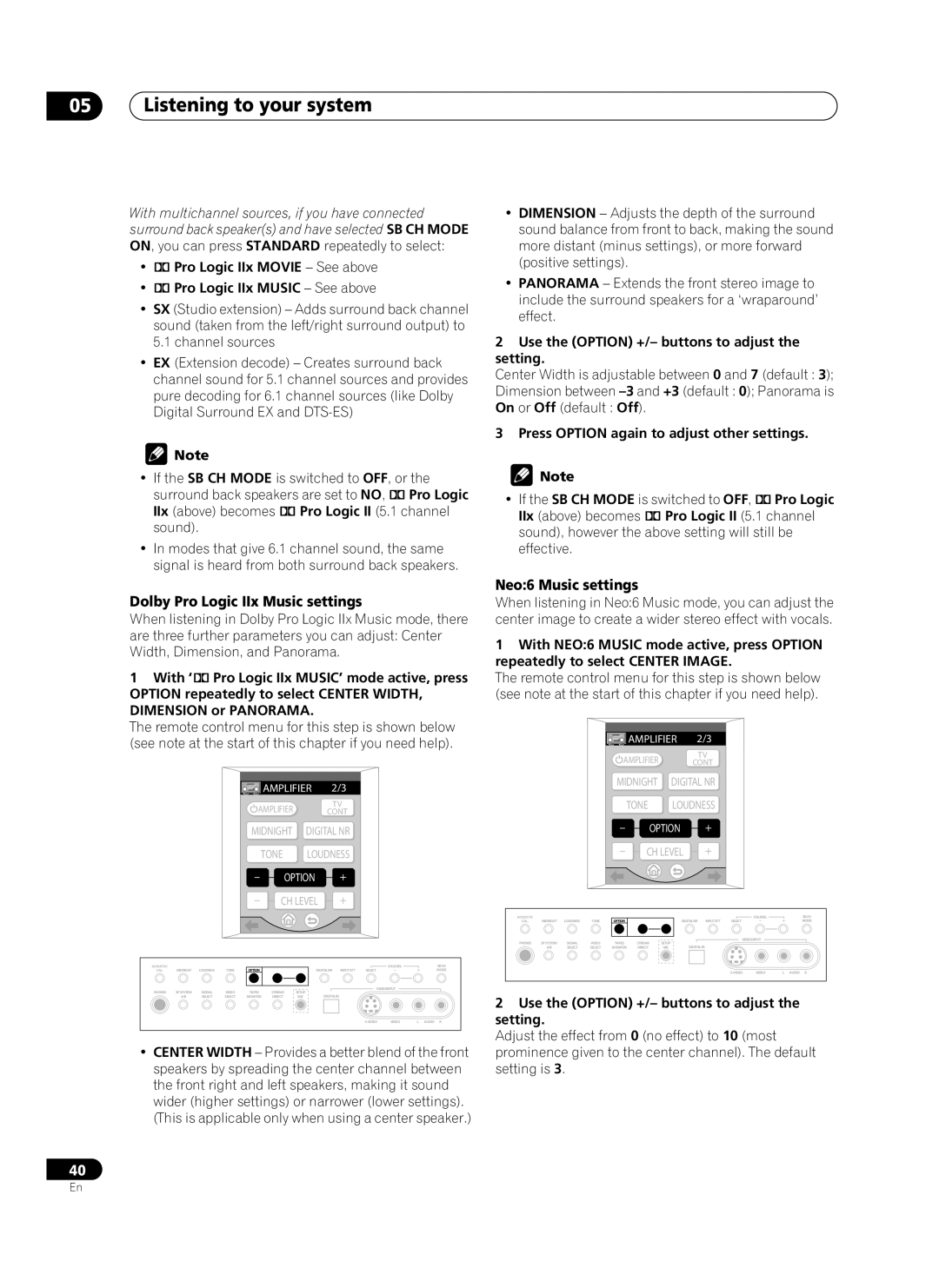 Pioneer VSA-AX10Ai manual Listening to your system, Dolby Pro Logic IIx Music settings, Neo6 Music settings 