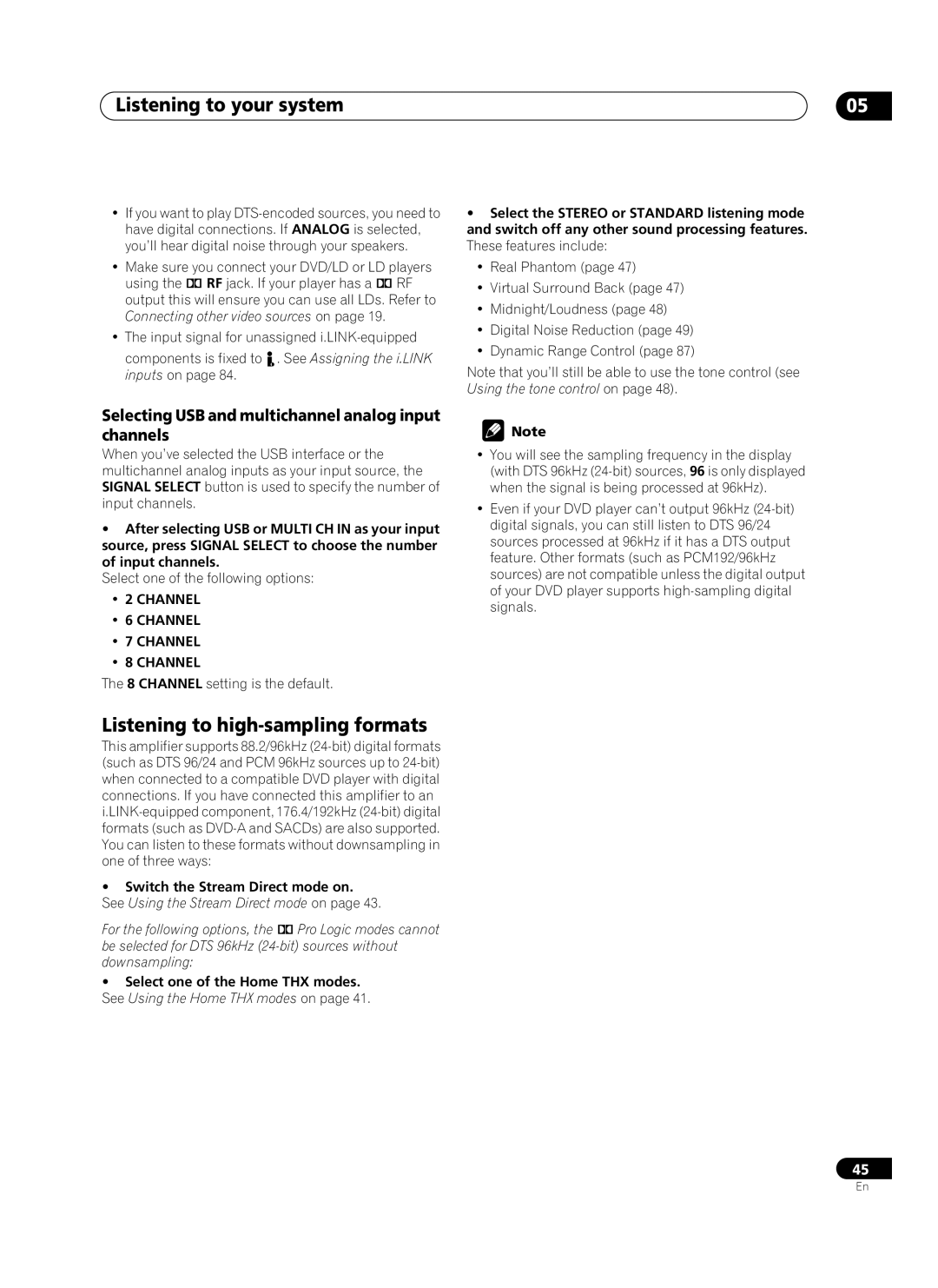 Pioneer VSA-AX10Ai manual Listening to high-sampling formats, Selecting USB and multichannel analog input channels, Channel 