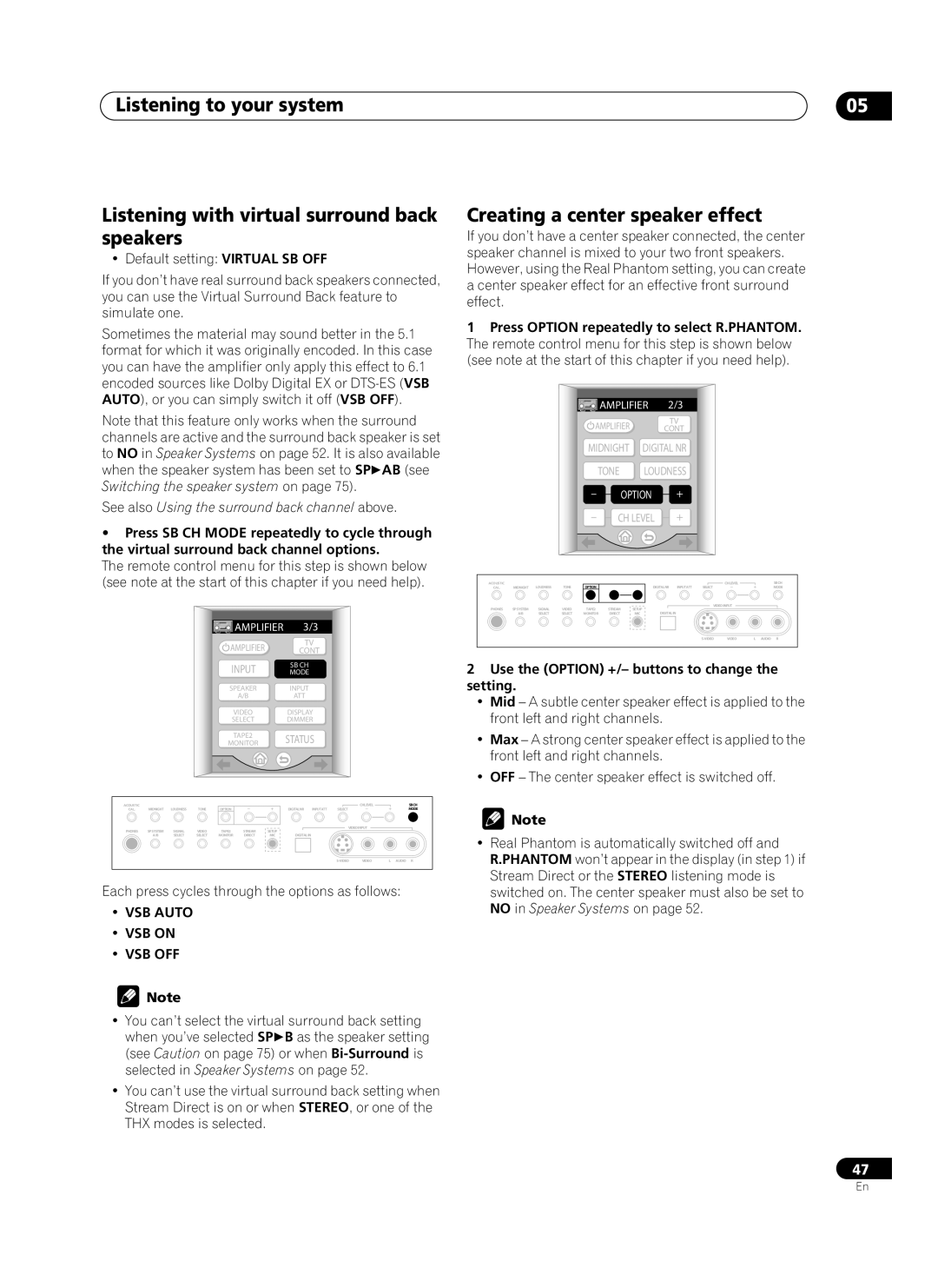 Pioneer VSA-AX10Ai manual Creating a center speaker effect, VSB Auto VSB on VSB OFF 