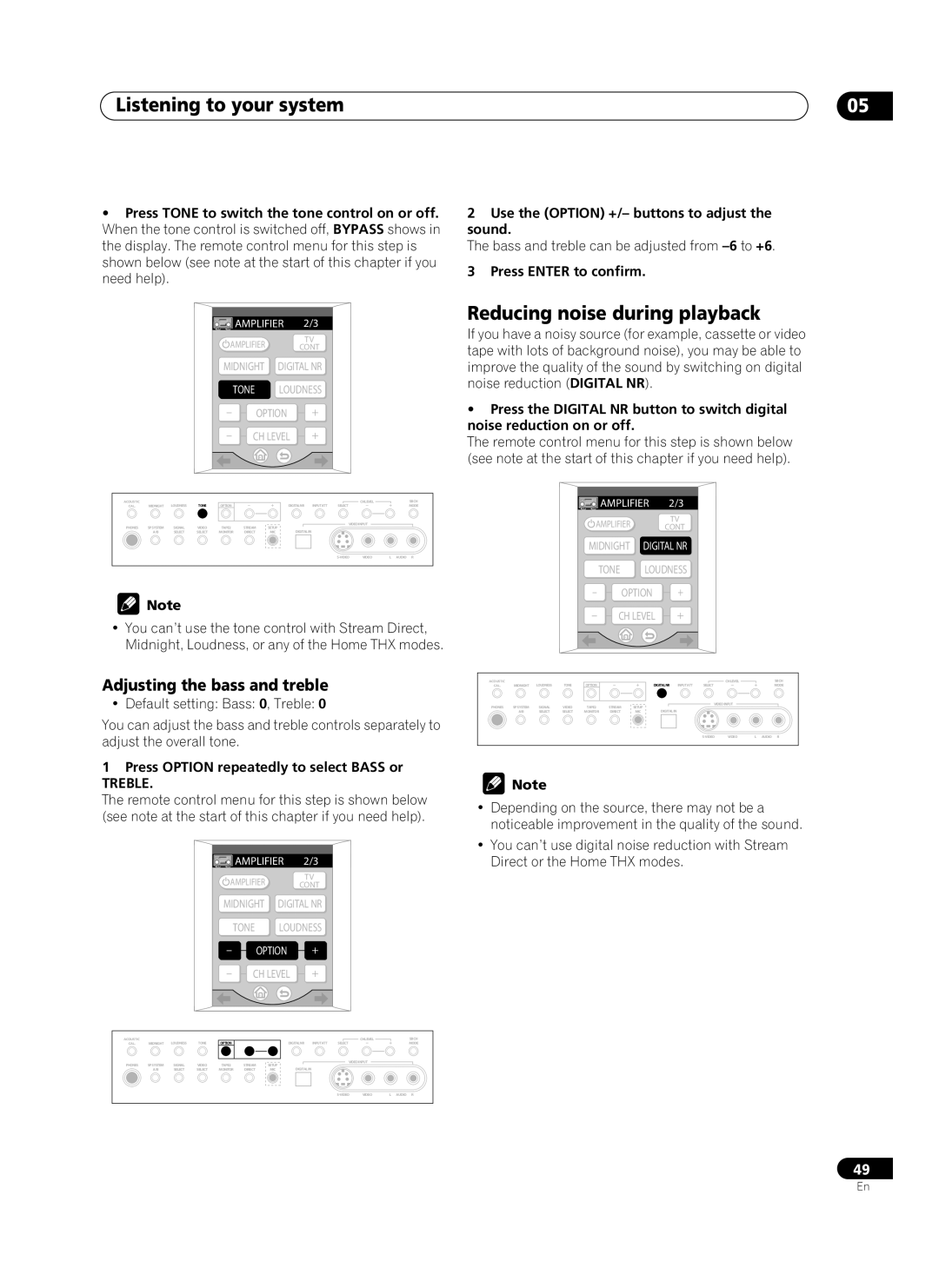 Pioneer VSA-AX10Ai manual Reducing noise during playback, Adjusting the bass and treble, Treble 