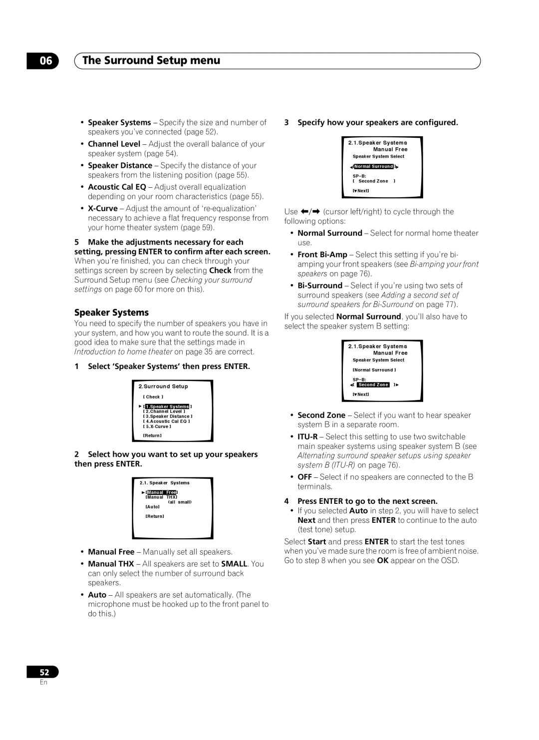 Pioneer VSA-AX10Ai manual Surround Setup menu, Speaker Systems 