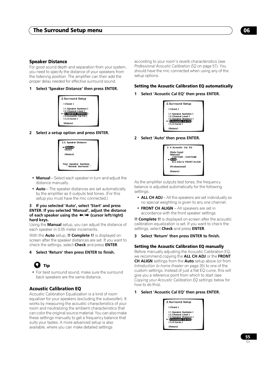 Pioneer VSA-AX10Ai manual Speaker Distance, Setting the Acoustic Calibration EQ automatically 