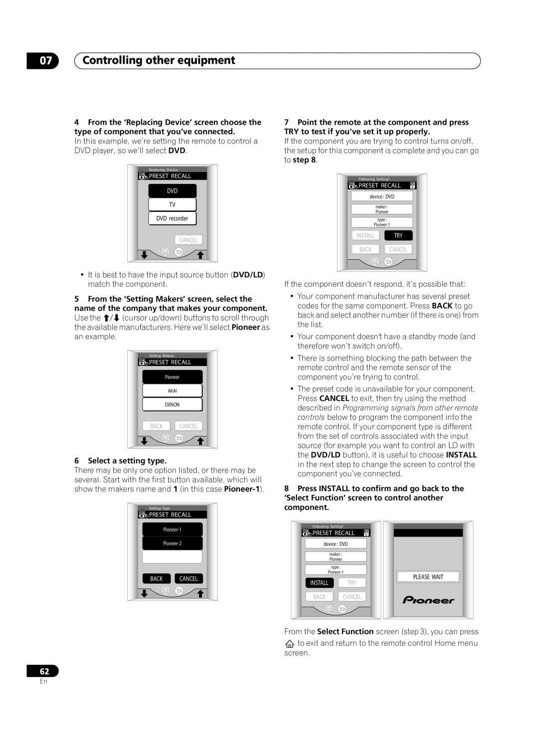 Pioneer VSA-AX10Ai manual Controlling other equipment, Select a setting type 