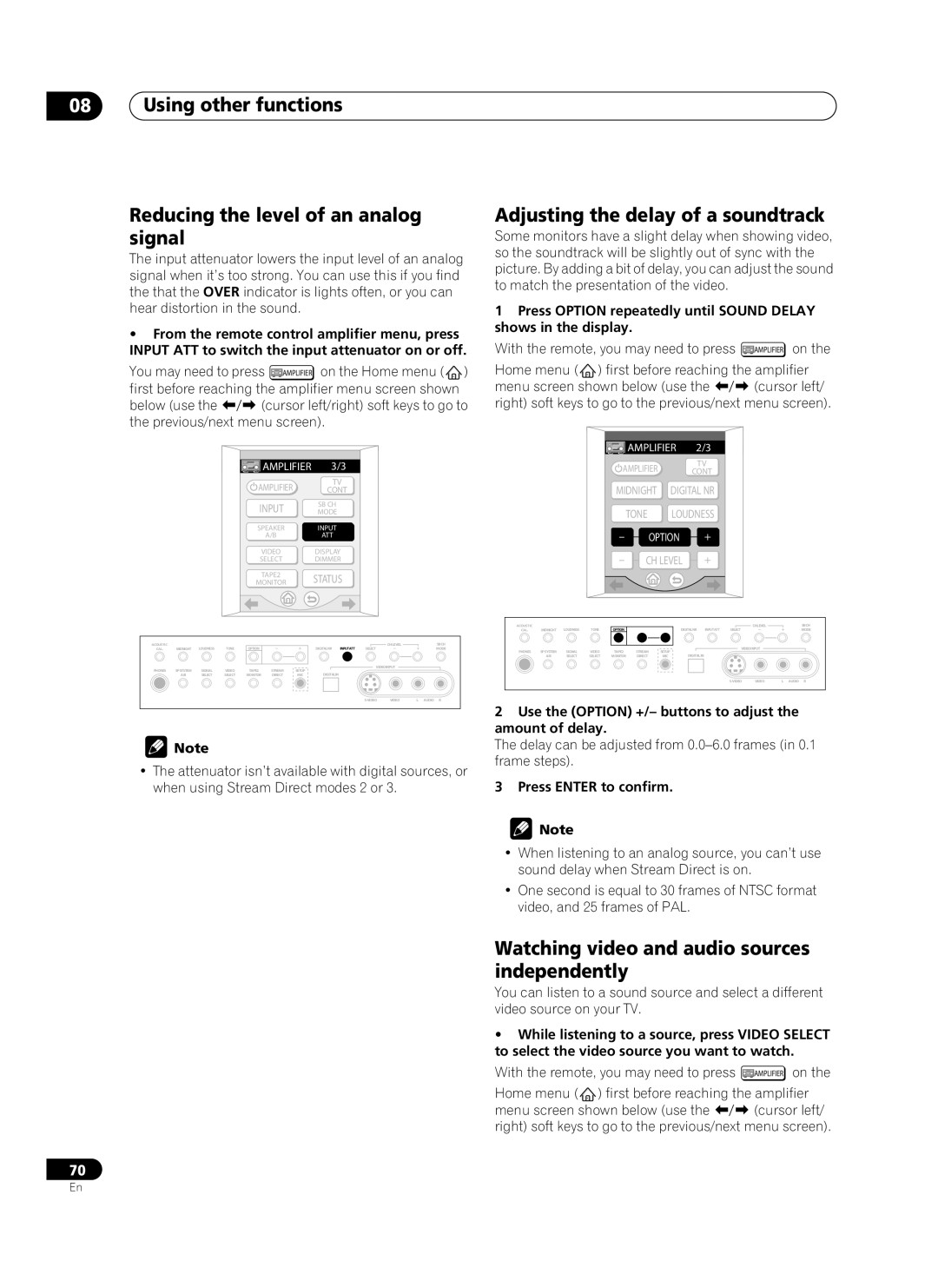 Pioneer VSA-AX10Ai manual Adjusting the delay of a soundtrack, Watching video and audio sources independently 