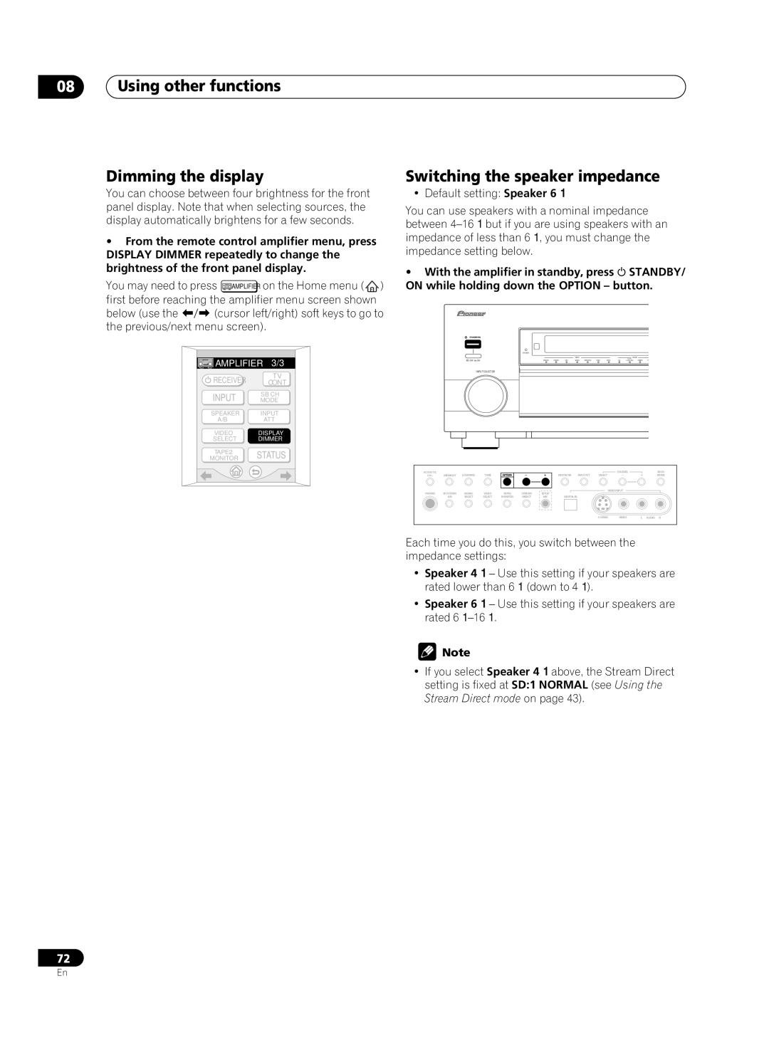 Pioneer VSA-AX10Ai manual Using other functions Dimming the display, Switching the speaker impedance 