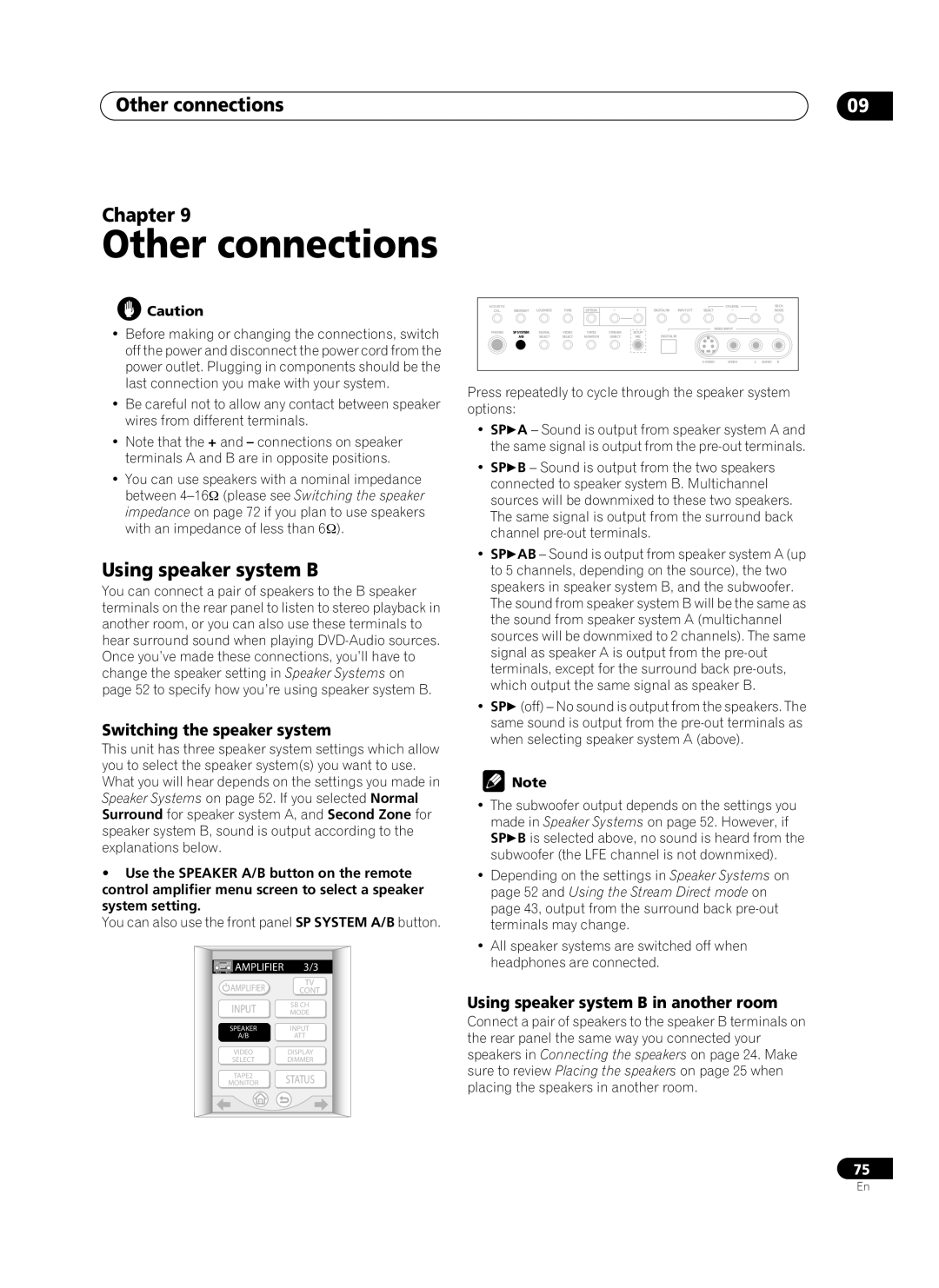 Pioneer VSA-AX10Ai manual Other connections Chapter, Using speaker system B, Switching the speaker system 